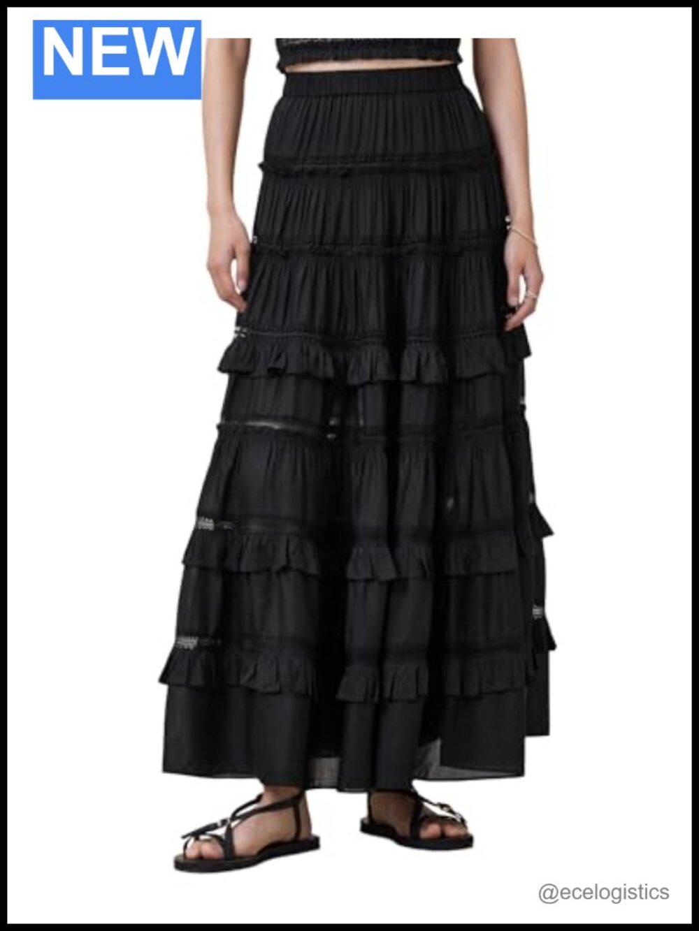 AllSaints Talia Maxi Skirt Black High Rise Pull On 100% Viscose